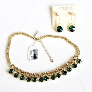 Gold-tone and Green Rhinestone Necklace and Drop Earrings